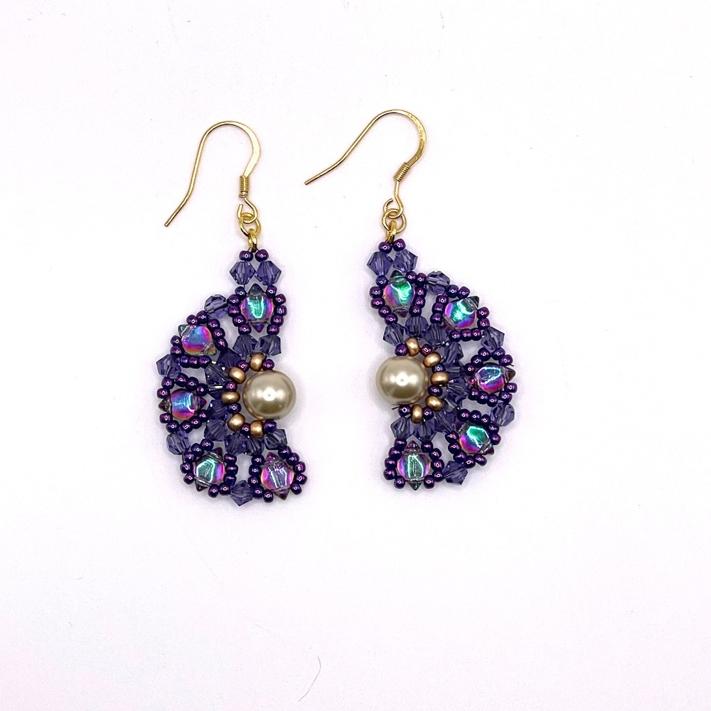 Czech Glass Swarovski Crystal Beaded Half Moon Style Pierced Drop Earrings